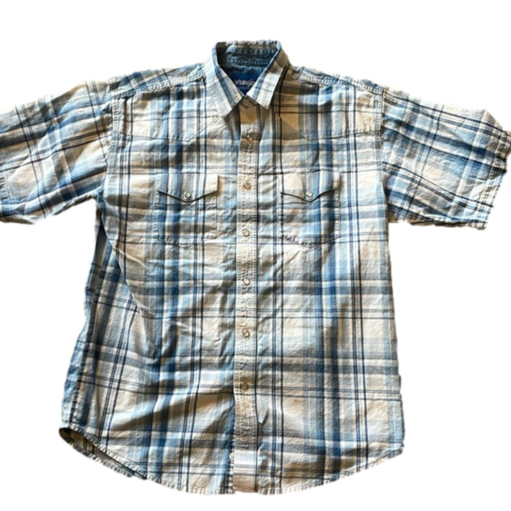 Wrangler Mens Large Blue Plaid Western Short Sleeve Shirt
